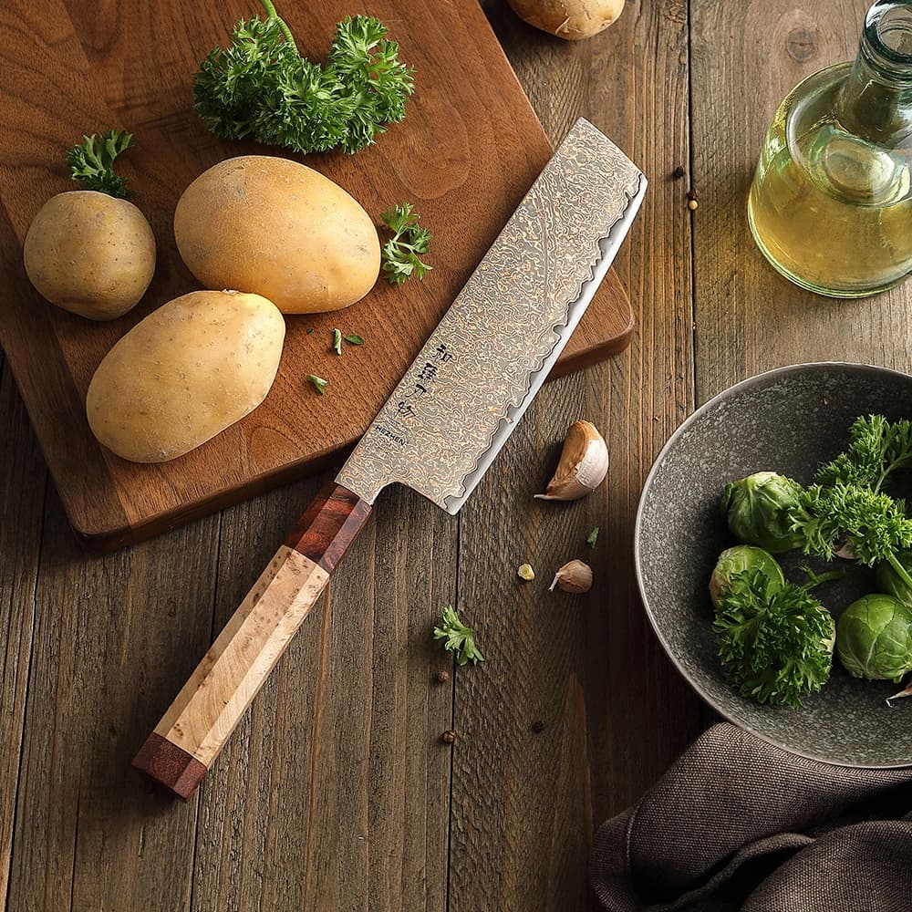 Retro-serien Nakiri-kniv. Kobber Damascus