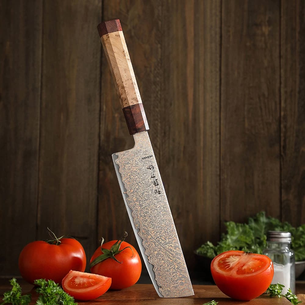 Retro-serien Nakiri-kniv. Kobber Damascus thumbnail 3