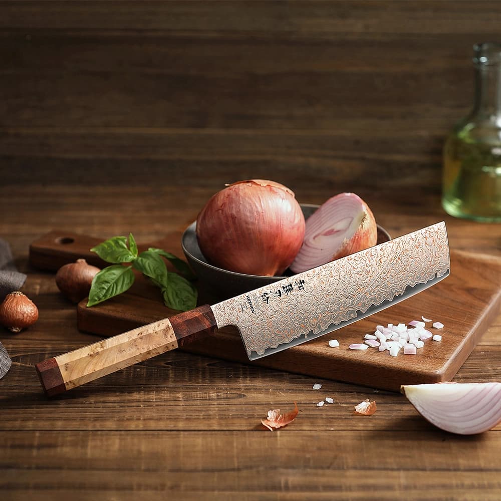 Retro-serien Nakiri-kniv. Kobber Damascus thumbnail 4