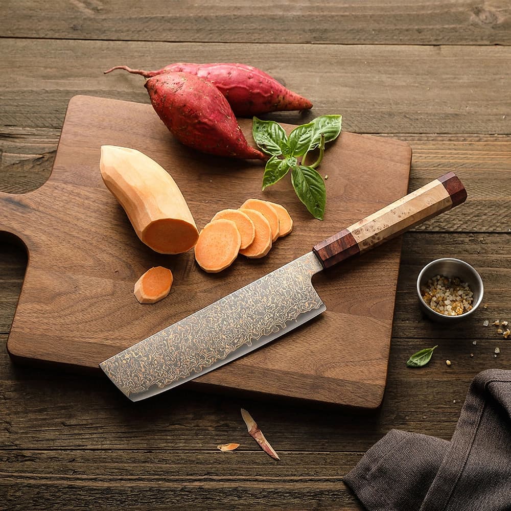 Retro-serien Nakiri-kniv. Kobber Damascus thumbnail 5