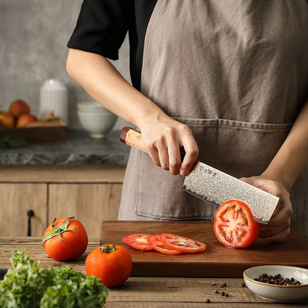 Retro-serien Nakiri-kniv. Kobber Damascus thumbnail 6