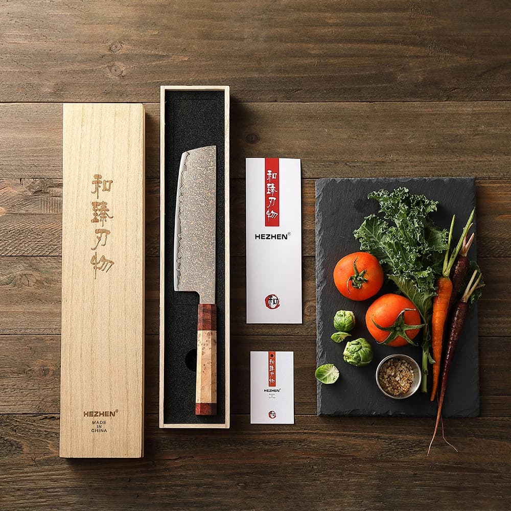 Retro-serien Nakiri-kniv. Kobber Damascus thumbnail 7